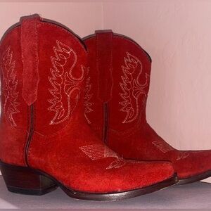 Red Suede Leather ankle cowgirl boots